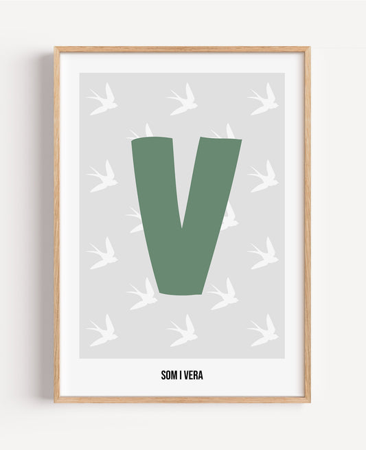 Bokstavsposter med fåglar – grå