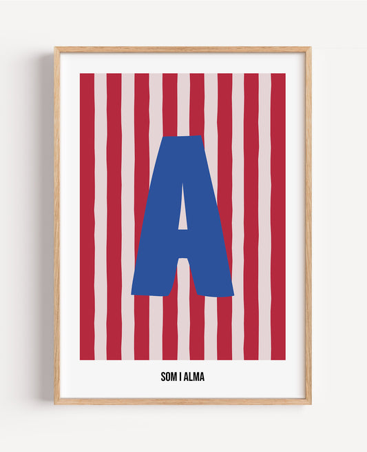 Personlig randig bokstavsposter – röd & rosa